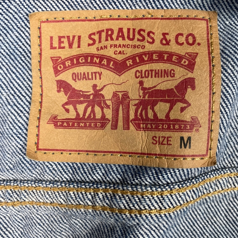 Levis Trucker Denim Jacket Womens‎ Medium Blue Varsity Stripe Ribbed Trim Cotton - Picture 5 of 12